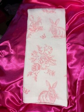 Pink Bunny & Rose Print White Cotton Dish Towel